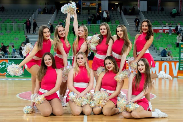 Dance team in pink dresses posing with pom-poms on the court of an arena