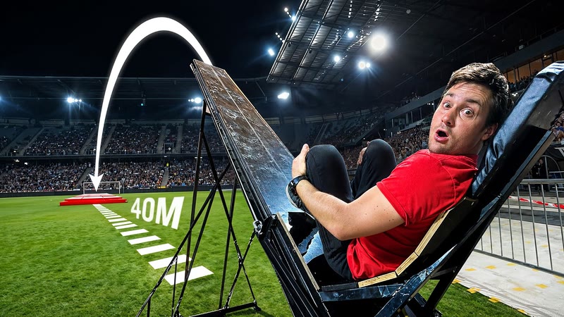 Flyer sitting on the launch ramp in a stadium before a 40 metre launch towards a landing platform on the pitch