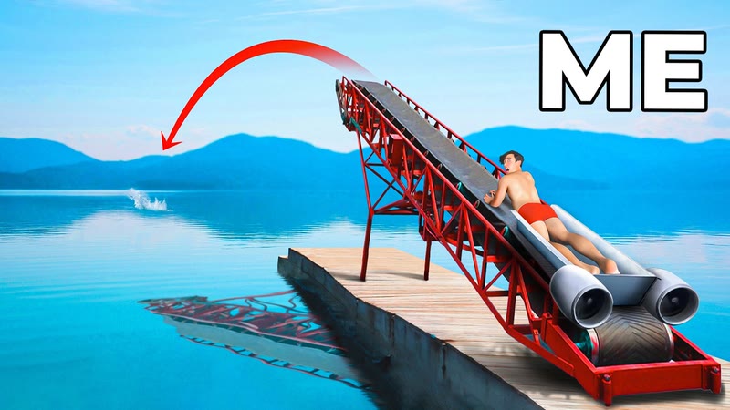 Illustration of a flyer lying on a launch ramp over a lake with the flight path to the water