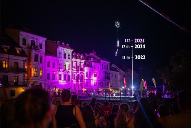 Pink-lit riverside buildings at night with a performer hanging from a cable and marks showing 13 m in 2022 and 17 m in 2024