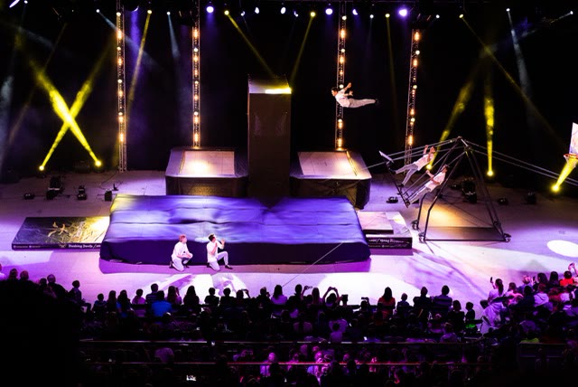 Acrobats on the russian swing and a performer in mid-air above a purple airbag stage with a large audience