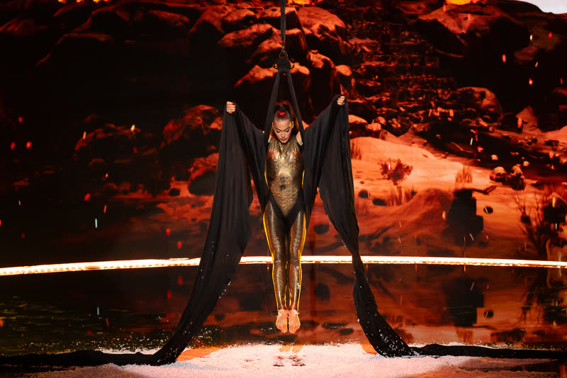 Aerialist on an aerial hoop in front of a large LED screen showing eyes