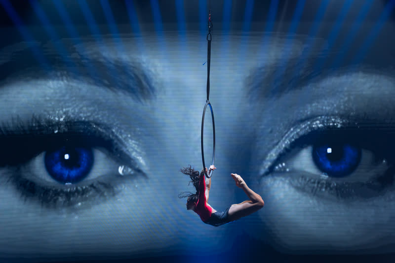 Aerialist in a gold costume on black aerial silks in front of a glowing orange backdrop