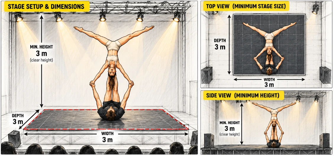 Stage setup diagram for the hand-to-hand acrobatics show: minimum stage 3 m wide and 3 m deep with 3 m clear height, top view and side view