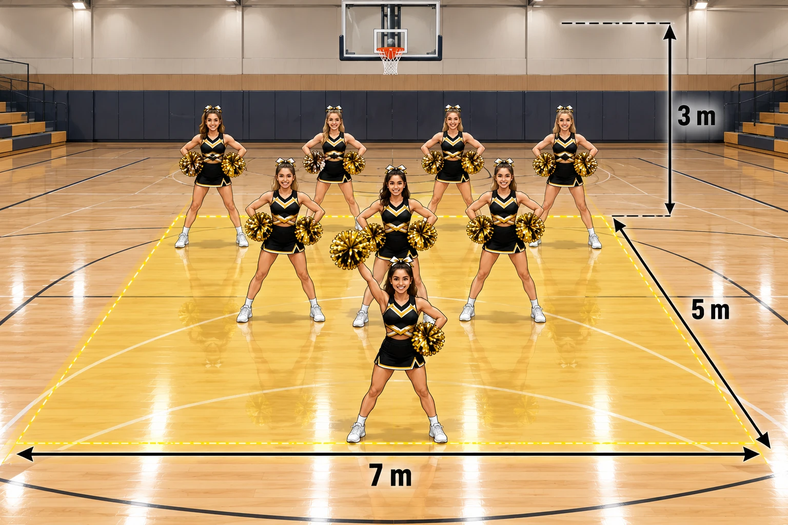 Illustration of a cheerleading team of eight dancers with pom-poms on a stage area marked 7 m wide, 5 m deep and 3 m high