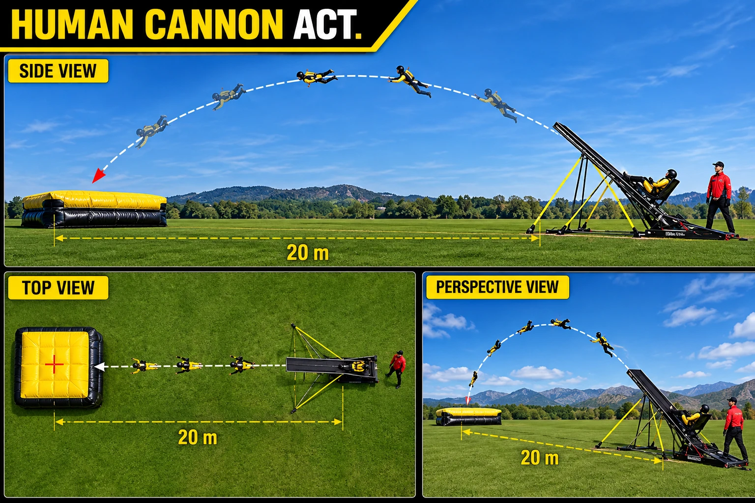 Diagram of a Human Cannon set-up: launch ramp and a yellow landing airbag 20 metres apart, side view, top view and perspective view