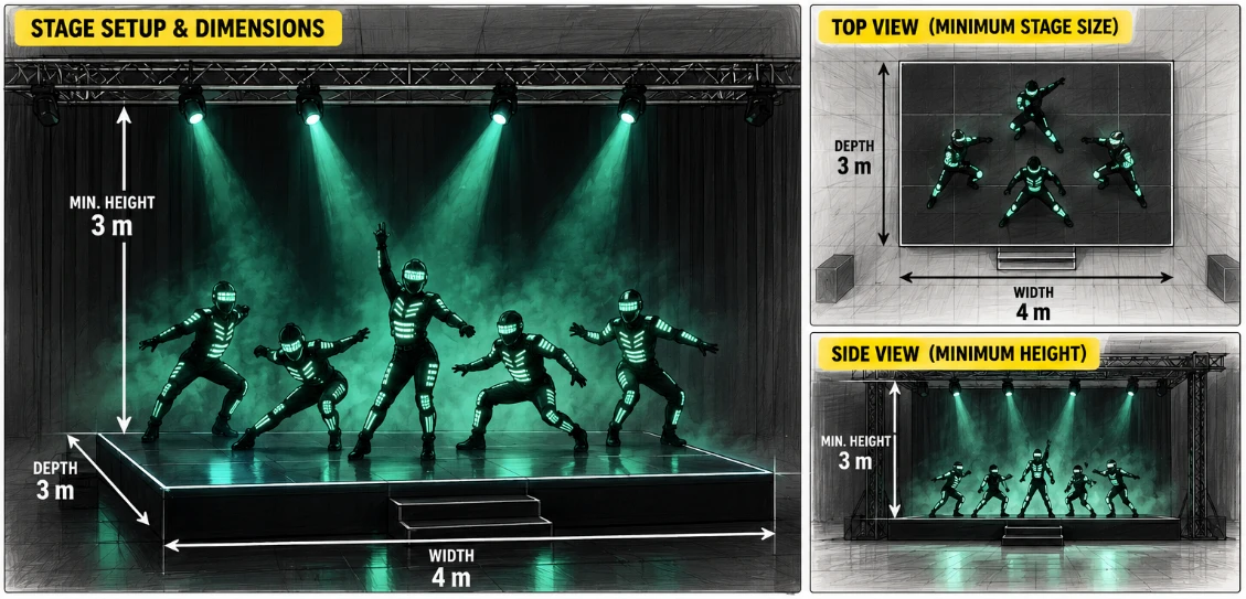 Stage setup diagram: minimum stage 4 m wide, 3 m deep and 3 m clear height, with LED dancers in glowing costumes, top view and side view