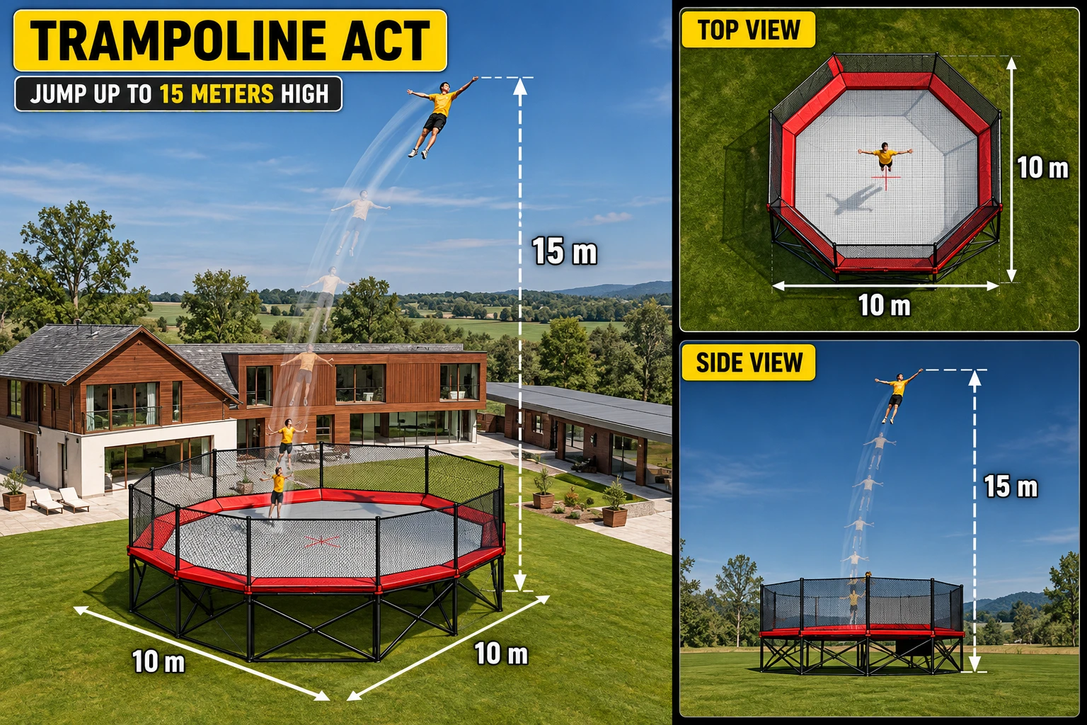 Diagram of the Megatramp: octagonal trampoline 10 × 10 m, acrobats jumping up to 15 metres high, top view and side view