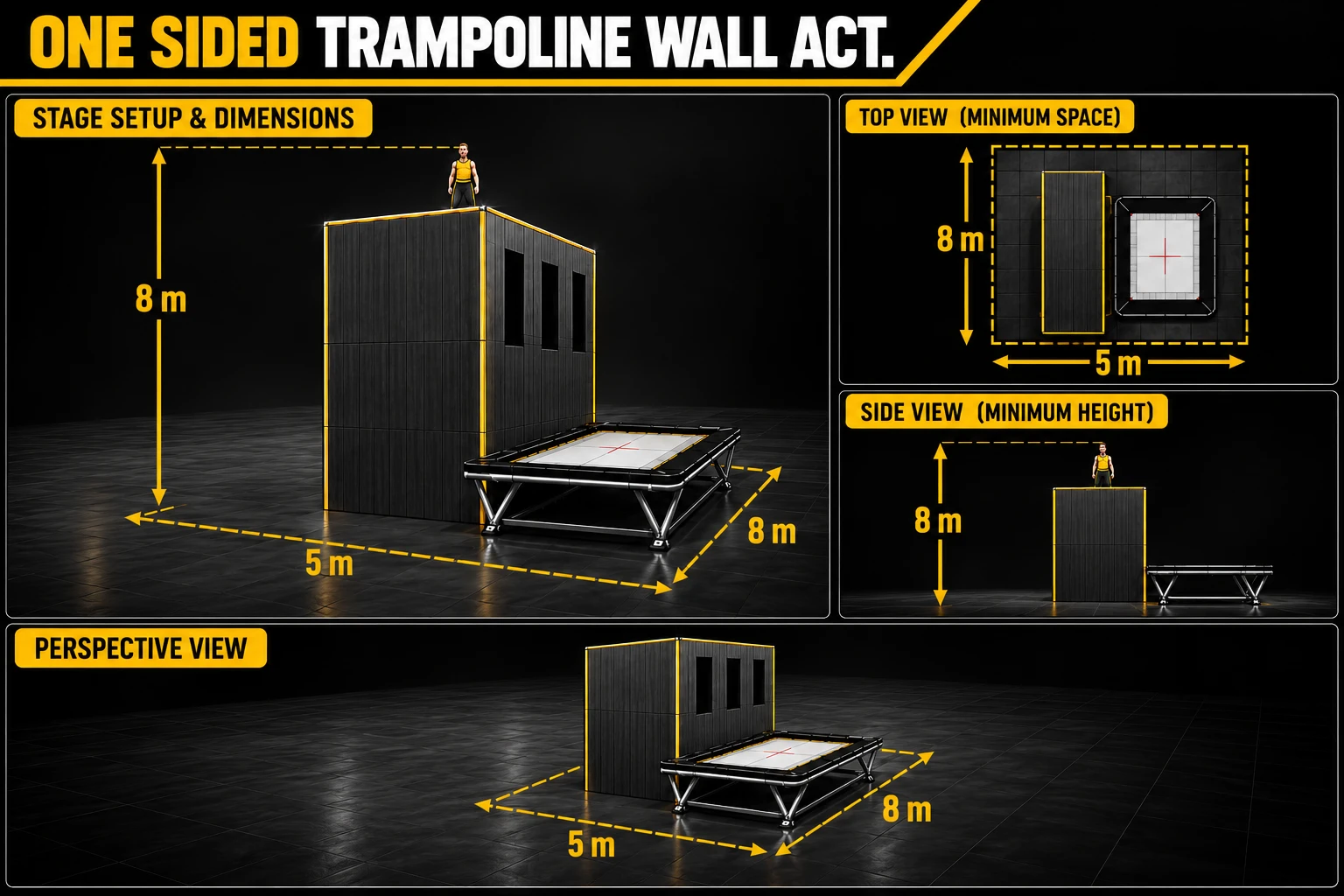 Stage setup diagram of the one-sided trampoline wall act: 8 m high wall with window openings, one trampoline, minimum space 5 m wide and 8 m deep